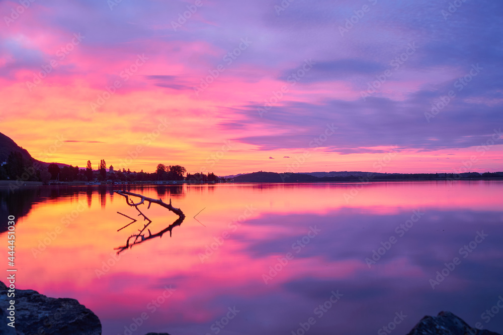 Fototapeta premium Sunrise over Biel/Bienne lake, Switzerland