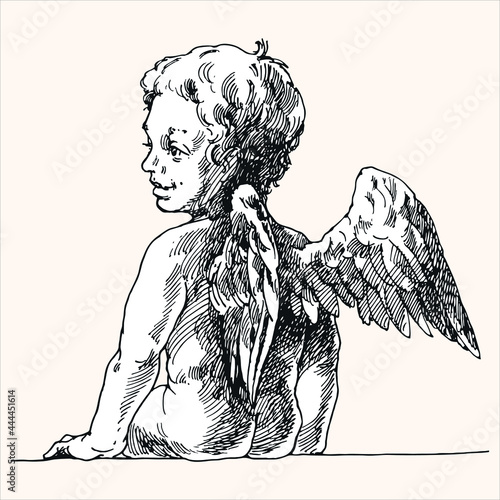 An angel is sitting, an engraving.