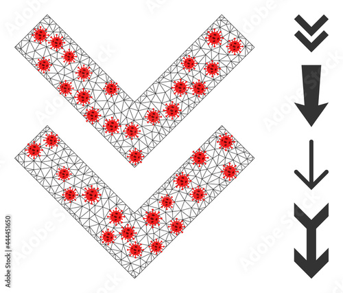 Network shift down with outbreak style. Mesh wireframe shift down image in lowpoly style with organized lines and red covid centers. Vector model is created from shift down with covid centers.