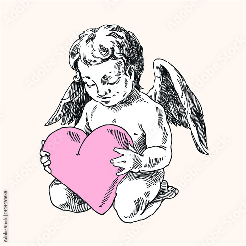 Angel and heart, engraving.