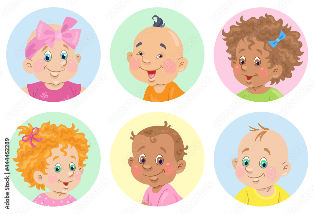 Set of avatar icons. Six happy babies of different nationalities. In cartoon style. Isolated on white background. Vector flat illustration. Set of avatar icons. Six happy babies of different nationalities. In cartoon style. Isolated on white background. Vector flat illustration.