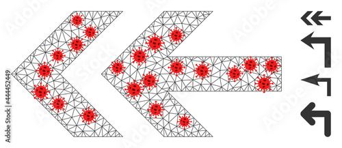 Net arrow left in infection style. Mesh carcass arrow left image in low poly style with structured linear items and red covid elements. Vector structure is created from arrow left with covid elements.