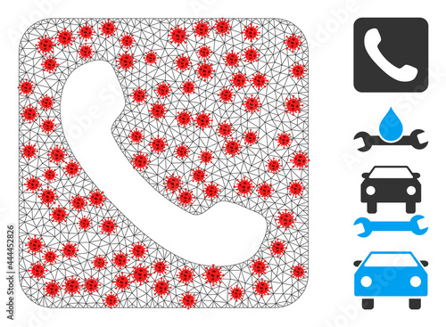 Polygonal phone in lockdown style. Polygonal carcass phone image in lowpoly style with connected linear items and red covid centers. Vector structure is created from phone with covid items.