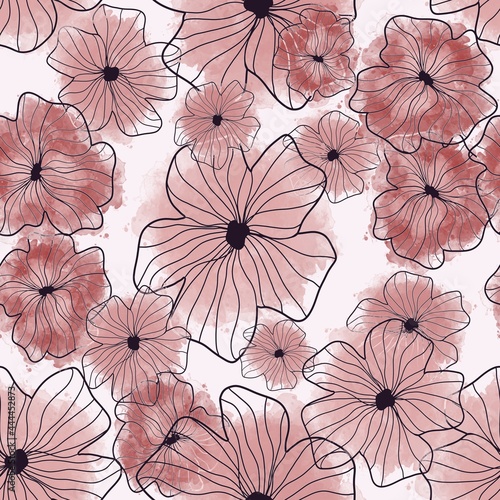 Abstract Line Drawing Tropical Hibiscus Flowers with Watercolor Brush Strokes Seamless Pattern Isolated Background