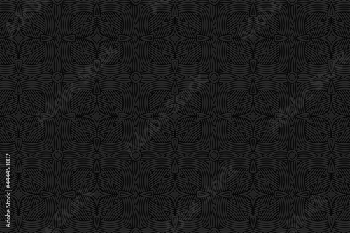 3D volumetric convex embossed geometric black background. Oriental pattern with repeating ethnic elements. Decorative ornament for design and decoration.