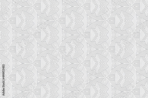 3D volumetric convex embossed geometric white background. Oriental pattern with repeating ethnic elements. A graceful beautiful ornament for design and decoration.