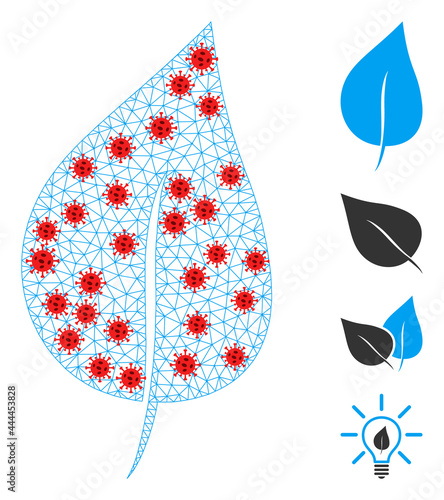 Mesh plant leaf with lockdown style. Mesh carcass plant leaf image in lowpoly style with organized lines and red infectious nodes. Vector model is created from plant leaf with infectious items.