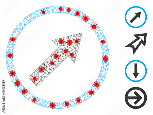 Mesh up-right rounded arrow with lockdown style. Mesh wireframe up-right rounded arrow image in lowpoly style with connected lines and red virus centers.