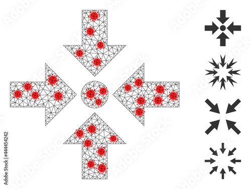 Polygonal shrink arrows with outbreak style. Polygonal carcass shrink arrows image in low poly style with structured linear items and red infection items.