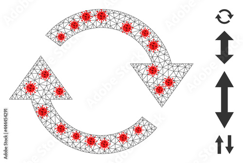 Mesh refresh with outbreak style. Mesh wireframe refresh image in low poly style with organized lines and red covid nodes. Vector structure is created from refresh with covid nodes.