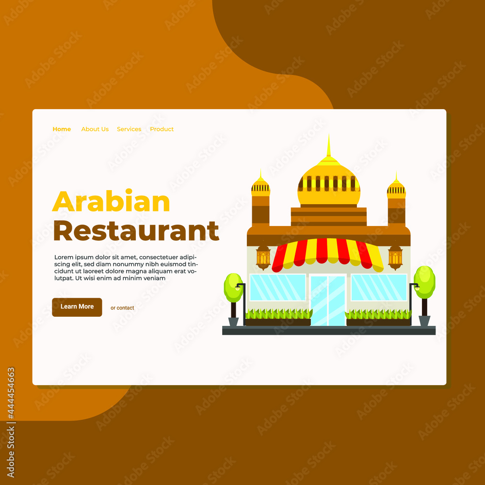 Landing page template of The Arabian Restaurant. Modern flat design concept of web page design for website and mobile website. Easy to edit and customize. Vector Illustration