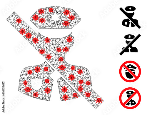 Network no police guard with infection style. Mesh carcass no police guard image in lowpoly style with combined linear items and red coronavirus items.