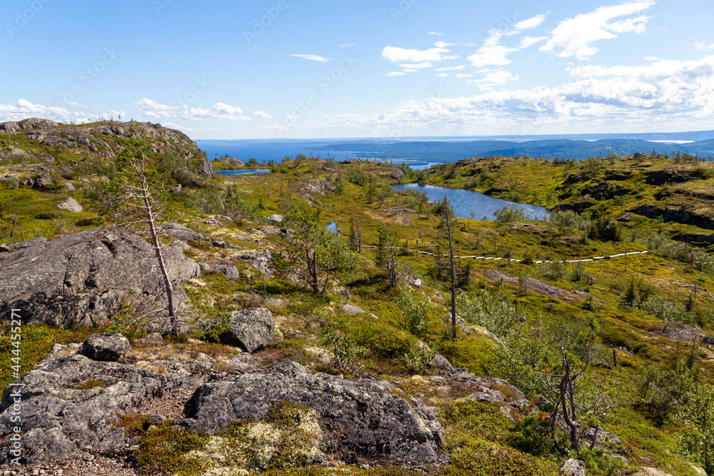 Stones, rocks and rare vegetation on the green mountain Kivakka, Paanayarvi. Karelia. Russia overlooks the blue ocean on the horizon. Exploration. Freedom to travel. Open to new horizon. Top of hill. Stones, rocks and rare vegetation on the green mountain Kivakka, Paanayarvi. Karelia. Russia overlooks the blue ocean on the horizon. Exploration. Freedom to travel. Open to new horizon. Top of hill.