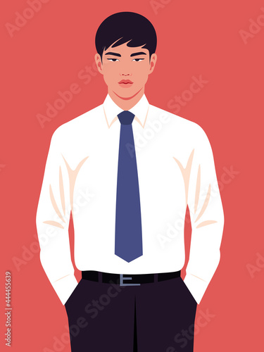 Portrait of an Asian man wearing in an office white shirt and necktie. Vector flat illustration.
