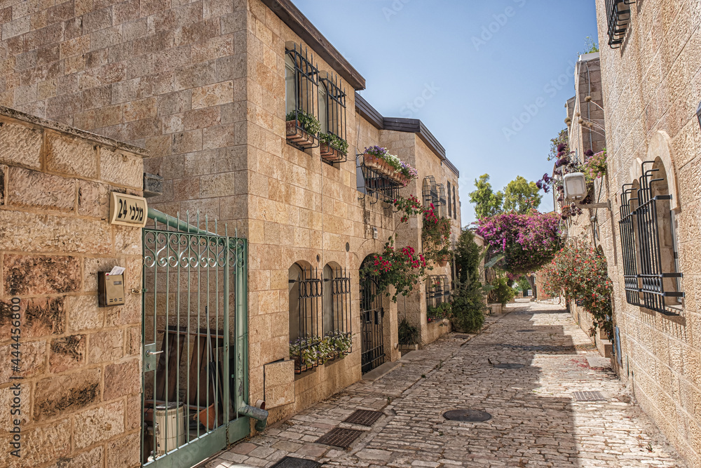 Naklejka premium Jerusalem, Israel - June 12, 2021: Old houses in Yemin Moshe district, Jerusalem, Israel