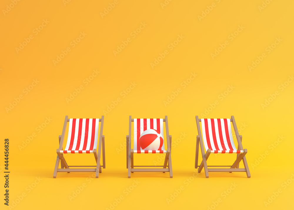 Striped deck chairs and beach ball on a yellow background. Concept of summer vacation or holiday on the beach. 3d rendering, 3d illustration