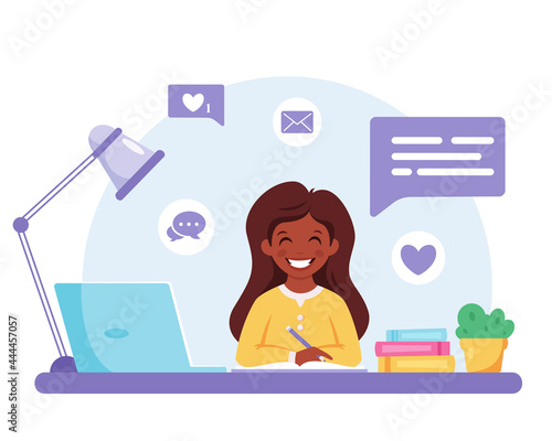 Indian girl studying with computer. Online learning, back to school concept. Vector illustration