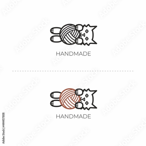 Handmade logo with yarn. Cat and yarn. Handmade knitting logo. Yarn icon.