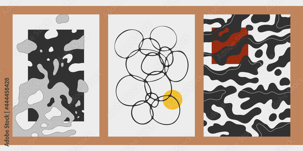 A trendy set of abstract geometric and hand-drawn minimalist posters. Great decoration for walls, postcards, brochures, packaging, covers. Vector illustration in Japanese vintage style.