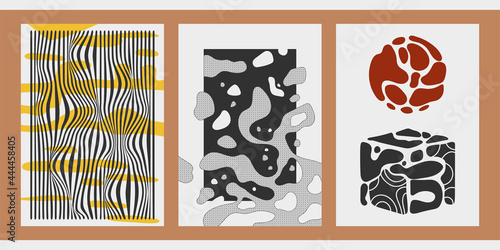 A trendy set of abstract geometric and hand-drawn minimalist posters. Great decoration for walls, postcards, brochures, packaging, covers. Vector illustration in Japanese vintage style.