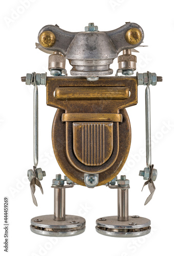 Steampunk robot. Chrome and bronze parts. Isolated on white.