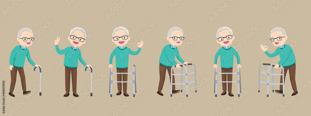 Set of elderly man disabled people at nursing home Set of elderly man disabled people at nursing home