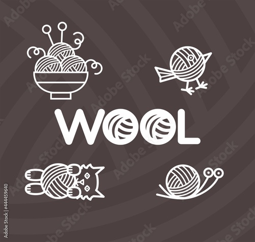 Set of vector logos for knitting. Handmade emblems. Vector illustration with knitting. Wool lettering in balls of yarn.