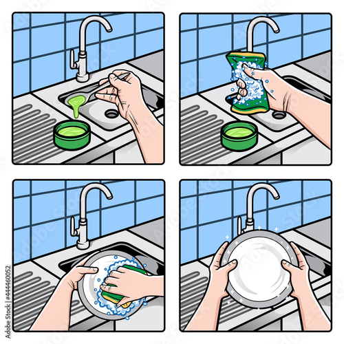 hands washing dishes with sponge and soapy water illustration