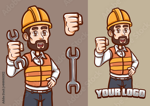 smilling labour show his fist mascot character illustration