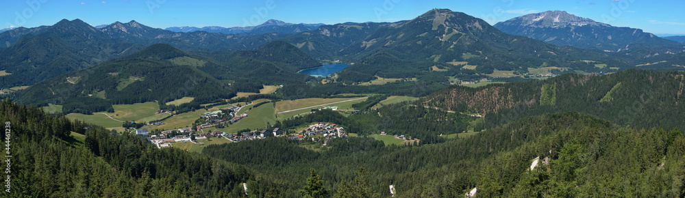 Panoramic view from Erzherzog-Johann lookout tower on Mariazeller Bürgeralpe at Mariazell, Styria, Austria, Europe
