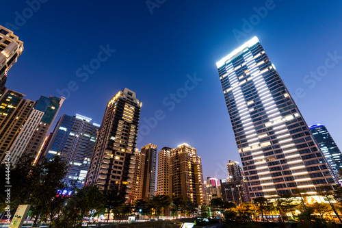 Night view of the modern architectural landscape in Taichung, Taiwan.