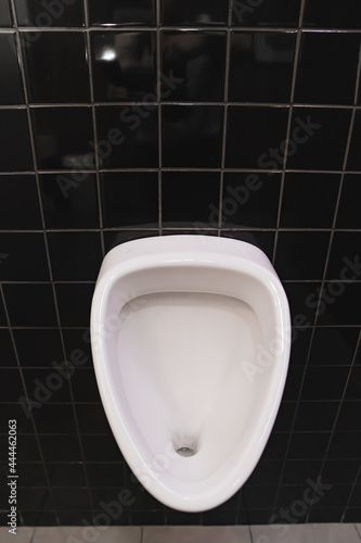 men's toilet with urinal. toilet room with black ceramic tiles on the walls. 