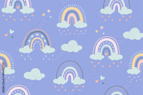 Seamless children's pattern with handmade rainbows and hearts, .Creative Scandinavian children's texture for fabric, wraps, textiles, wallpaper, clothing. Vector illustration