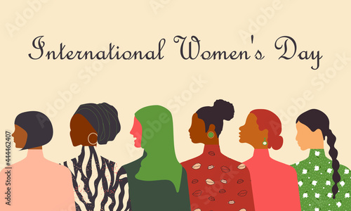 Postcard with International Women's Day. Poster template with women of different nationalities and religions. Pink pastel background. Vector graphics.
