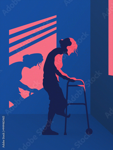 Lone old woman with walker. Silhouette at window. Home self-isolation