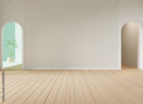 Empty interior background, room with white walls, potted plants outside the balcony, 3D rendering