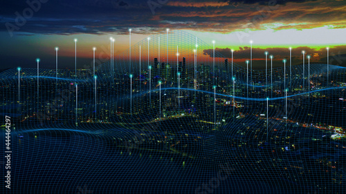 city lights whit modern technology background illustrations. Network Connection technology and Smart city concept.5G network digital hologram and internet of things on city background. 