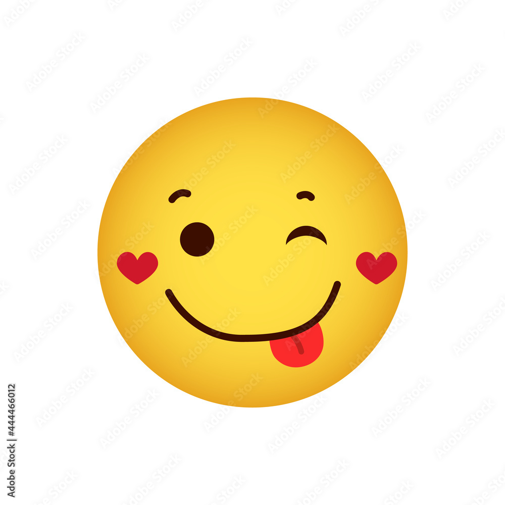Love. Love emoticon with hearts on cheeks, happy winking yellow face with tongue on a white background, vector icon Love. Love emoticon with hearts on cheeks, happy winking yellow face with tongue on a white background, vector icon