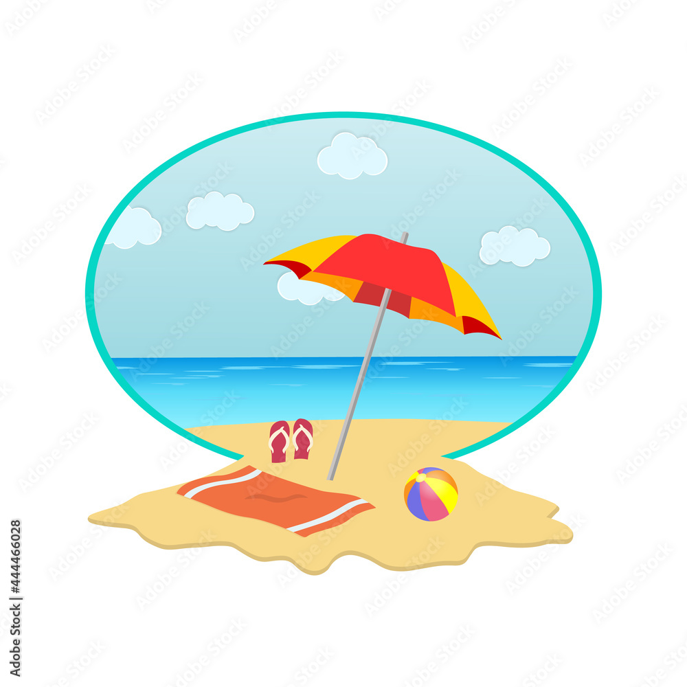 Summer trip. Beautiful landscape, summer holidays in a round frame, sand flows out of it. A beach scene with an umbrella, a beach ball, flip-flops. White background