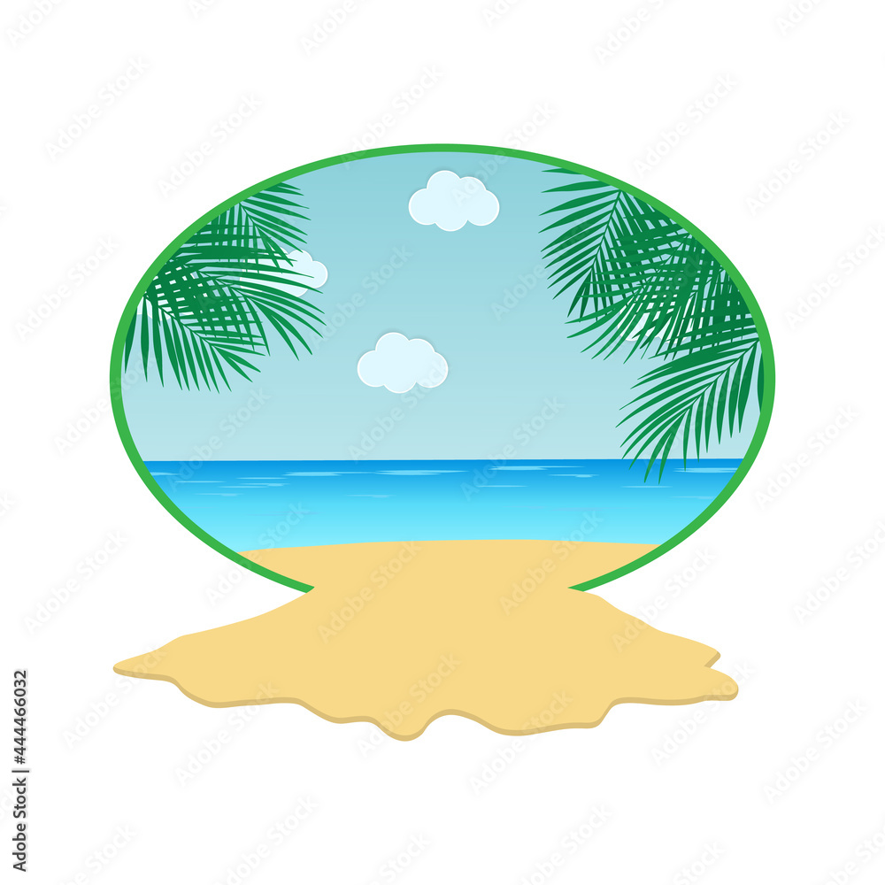 Summer trip. A beautiful seascape, summer holidays in a round frame, sand flows out of it. White background