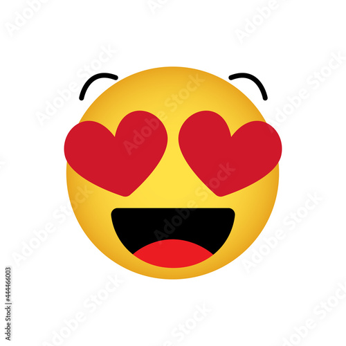 Love emoticon with hearts instead of eyes, smiling yellow face on a white background, vector icon