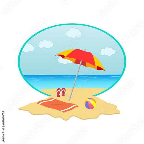 Summer trip. Beautiful landscape  summer holidays in a round frame  sand flows out of it. A beach scene with an umbrella  a beach ball  flip-flops. White background