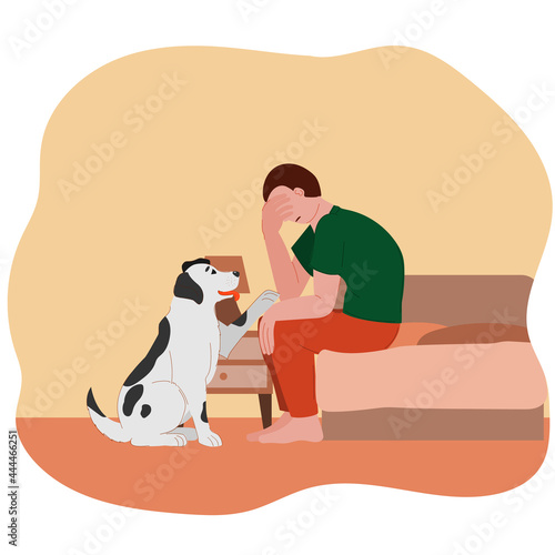 sad depressed tired man with a dog. sad boy with a puppy. mental health. self-love. sitting bored angry man with pet. black and white dog. stock vector illustration isolated on white background.
