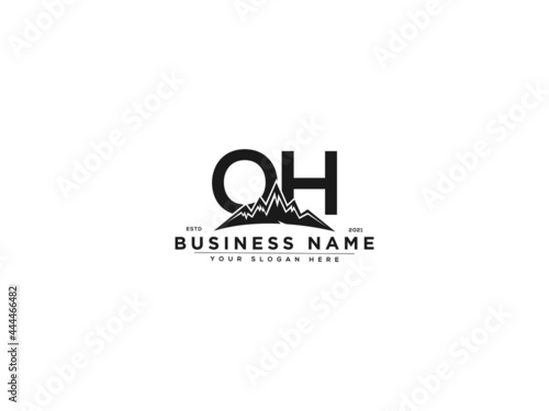 Letter OH Logo, line art oh mountain logo icon vector for river forest hill landscape typography image design