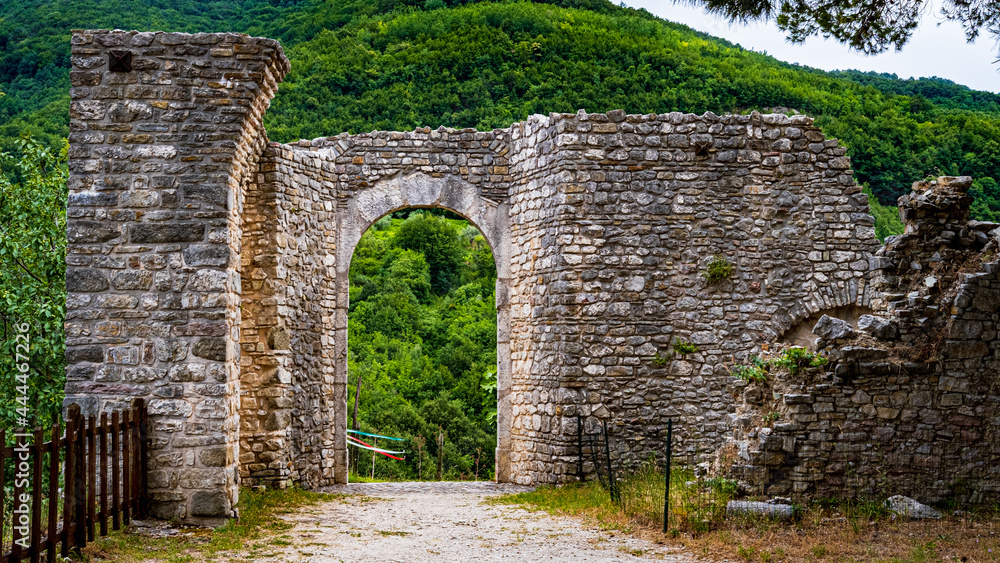 view of the entrance to the medieval castle of Laviano, Campania, Italy.