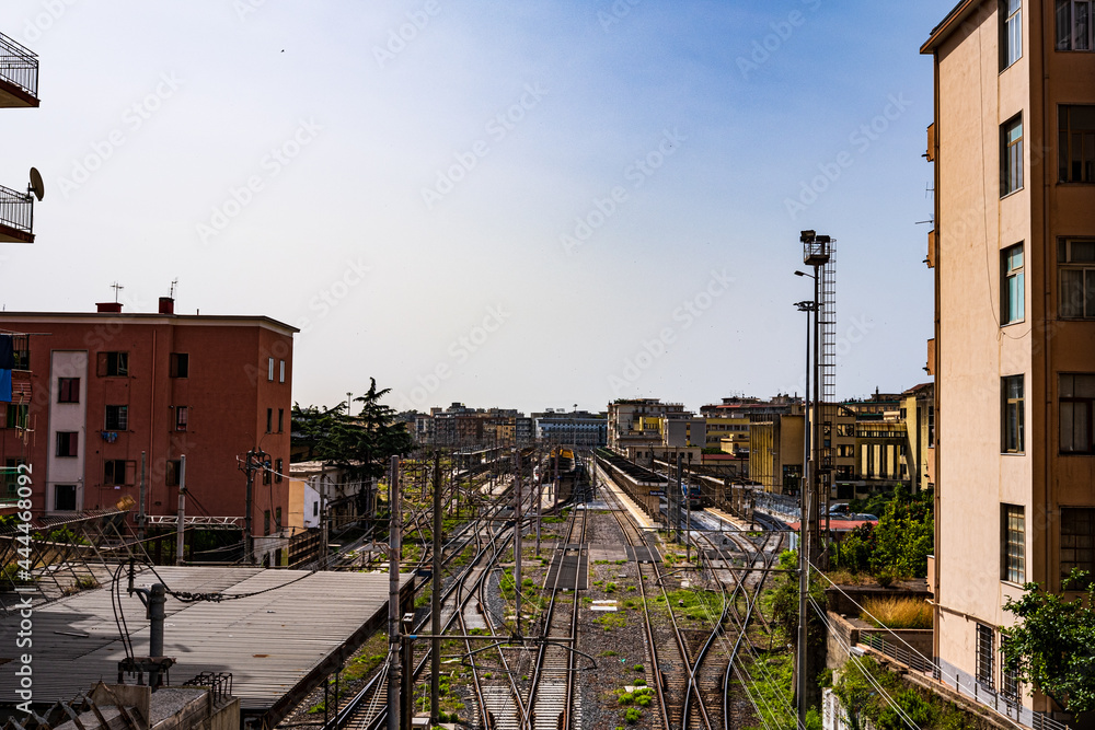 view of Salerno station, Italy. Train on tracks view of Salerno station, Italy. Train on tracks