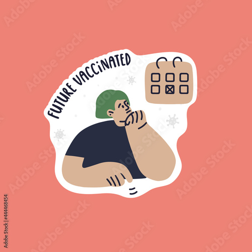 Young modern woman awaiting vaccination. A young girl looks at the calendar in anticipation of a future event. Vector isolated fully editable illustration.