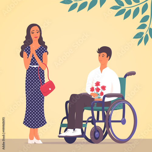 Young couple in love on a date. Man in a wheelchair. Gives her a bouquet of flowers. Beautiful girl standing nearby. Happy people with disabilities. Vector cartoon illustration