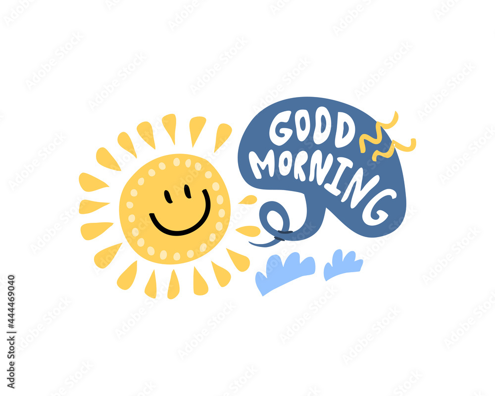 Fototapeta premium Good morning. Little sun character and phrase
