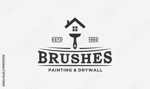 house painter logo design with the brush and house element.